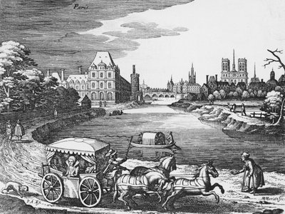 Vista del Louvre e delle Tuileries con una diligenza in primo piano da Mattaus the Younger Merian